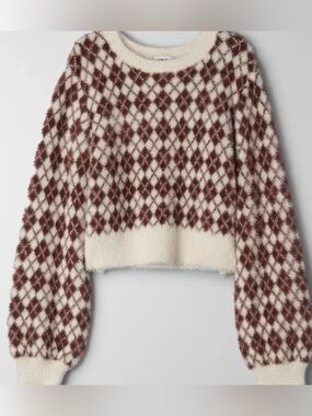 Aritzia Sunday Best kitten sweater argyle print cream brown size small